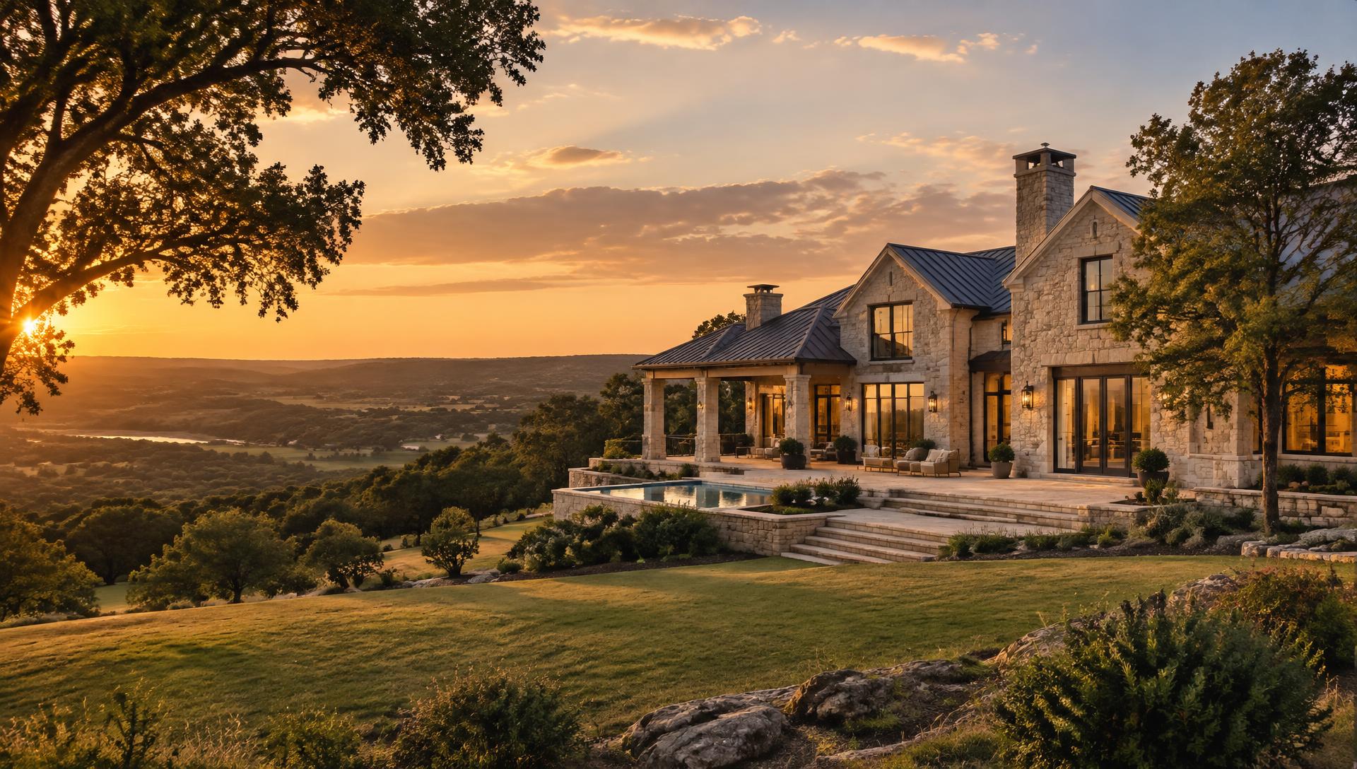 Stone estate overlooking rolling Texas Hill Country at sunset